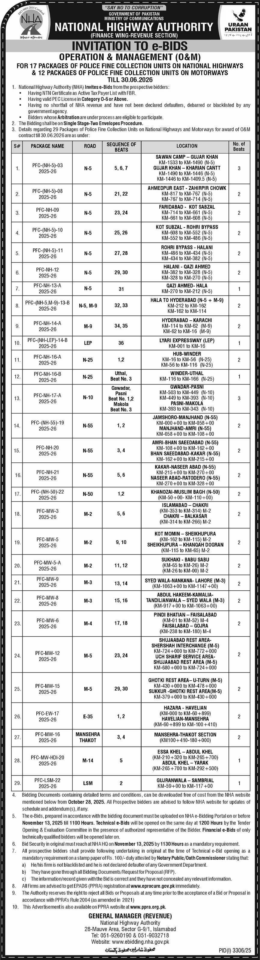 National Highway Authority Islamabad Tender Notice